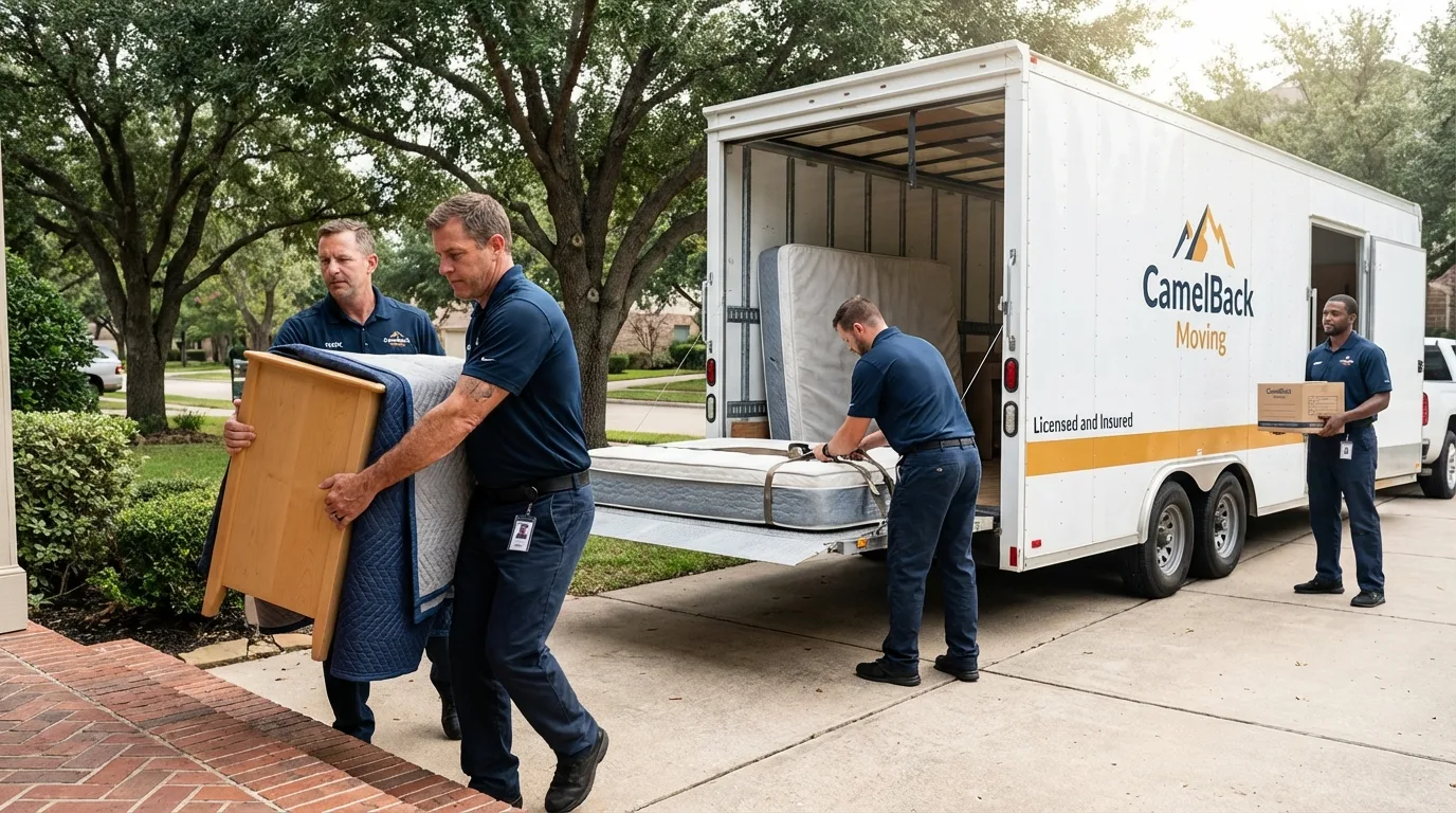 Crew loading residential truck for cross-state move from Chebanse, IL