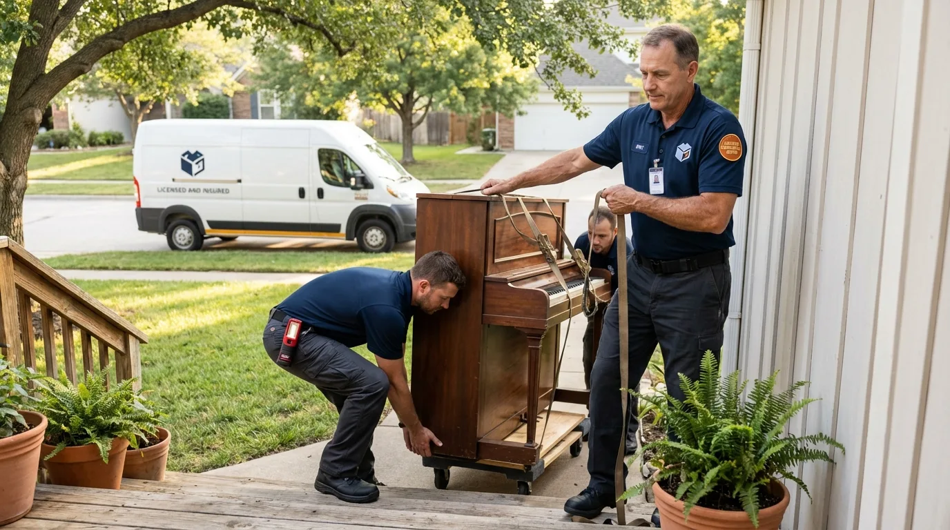 Licensed piano movers securing grand piano in Chebanse, IL