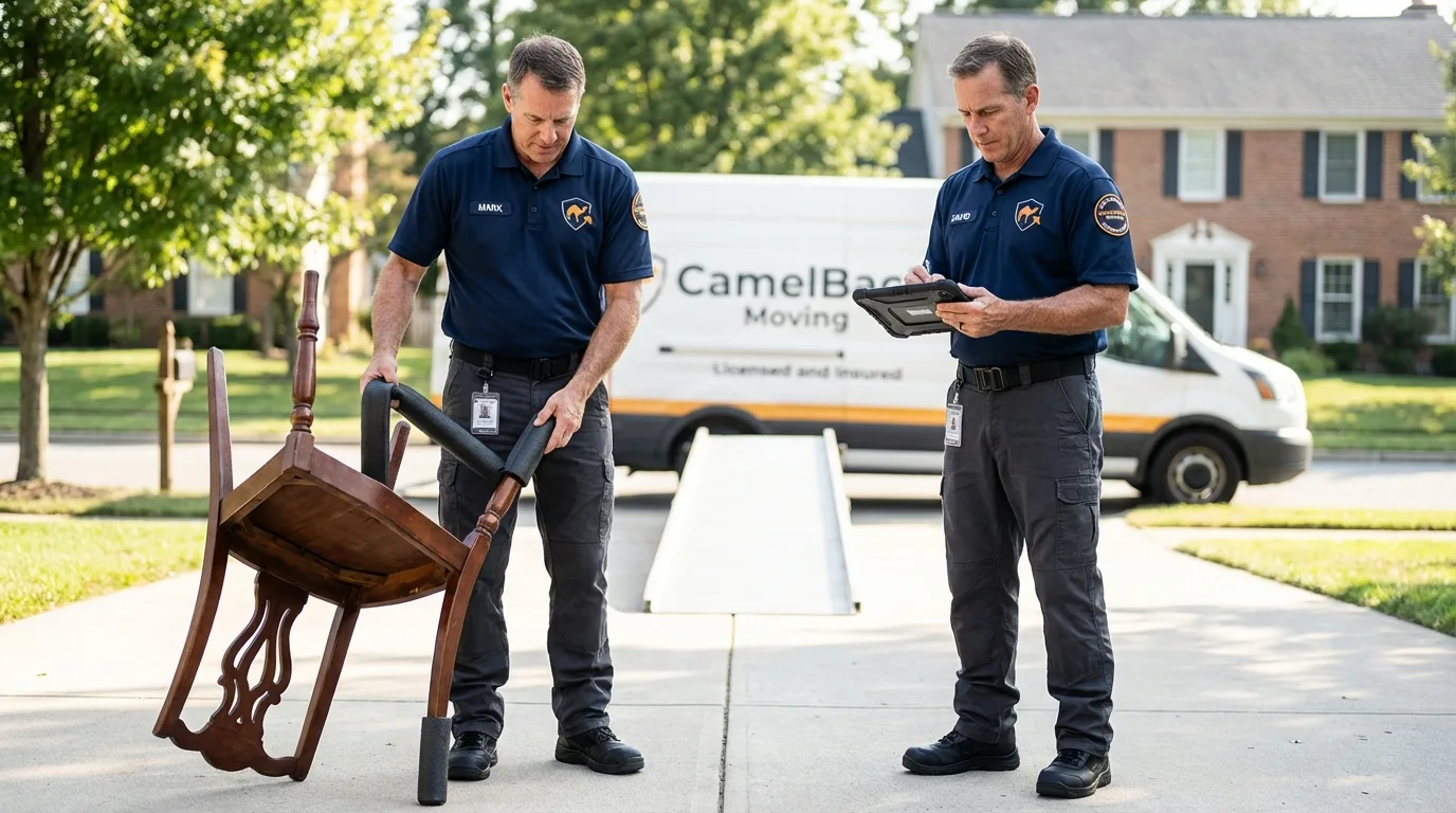 Movers inspecting furniture for damage prevention before loading in Chebanse, IL