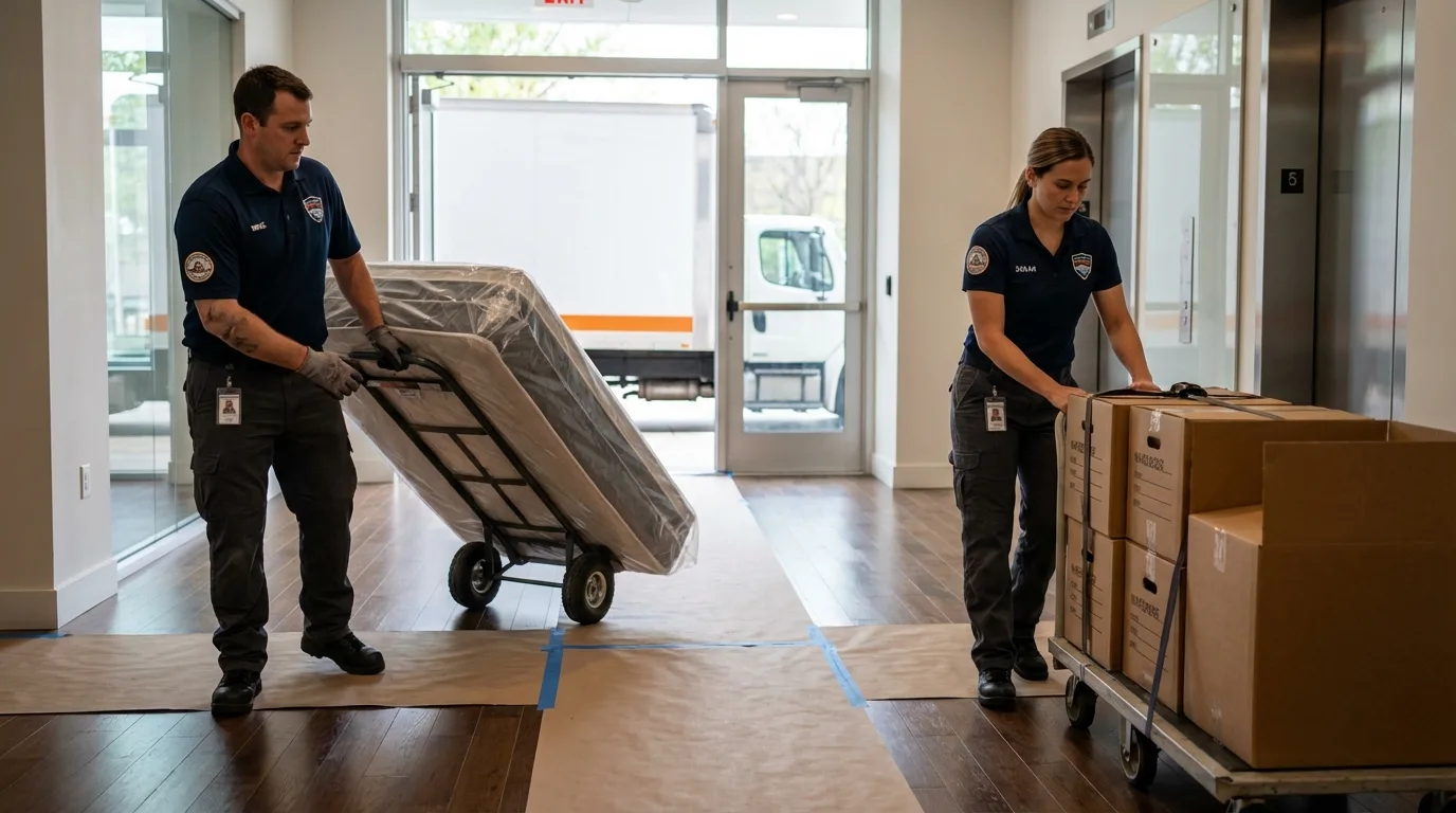 Professional apartment movers loading elevator in Chebanse, IL